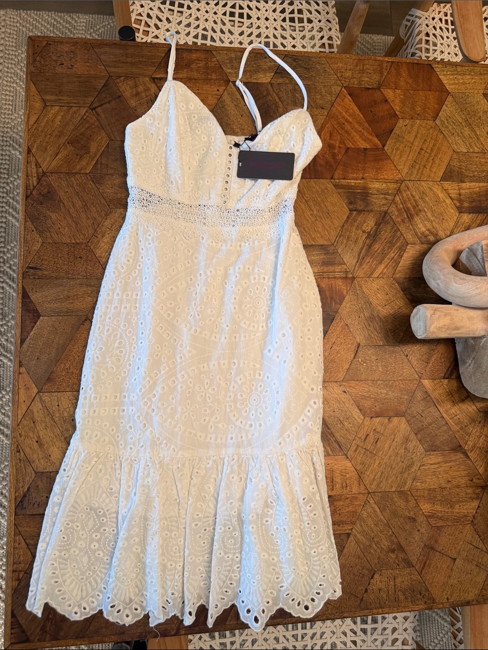 White Eyelet Spaghetti-Strap Midi Dress with Lace Waist